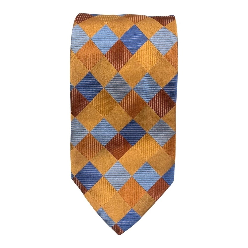 Jos A Bank Signature Collection Gold Blue Diamond Pattern Silk Men's Tie Italy‎